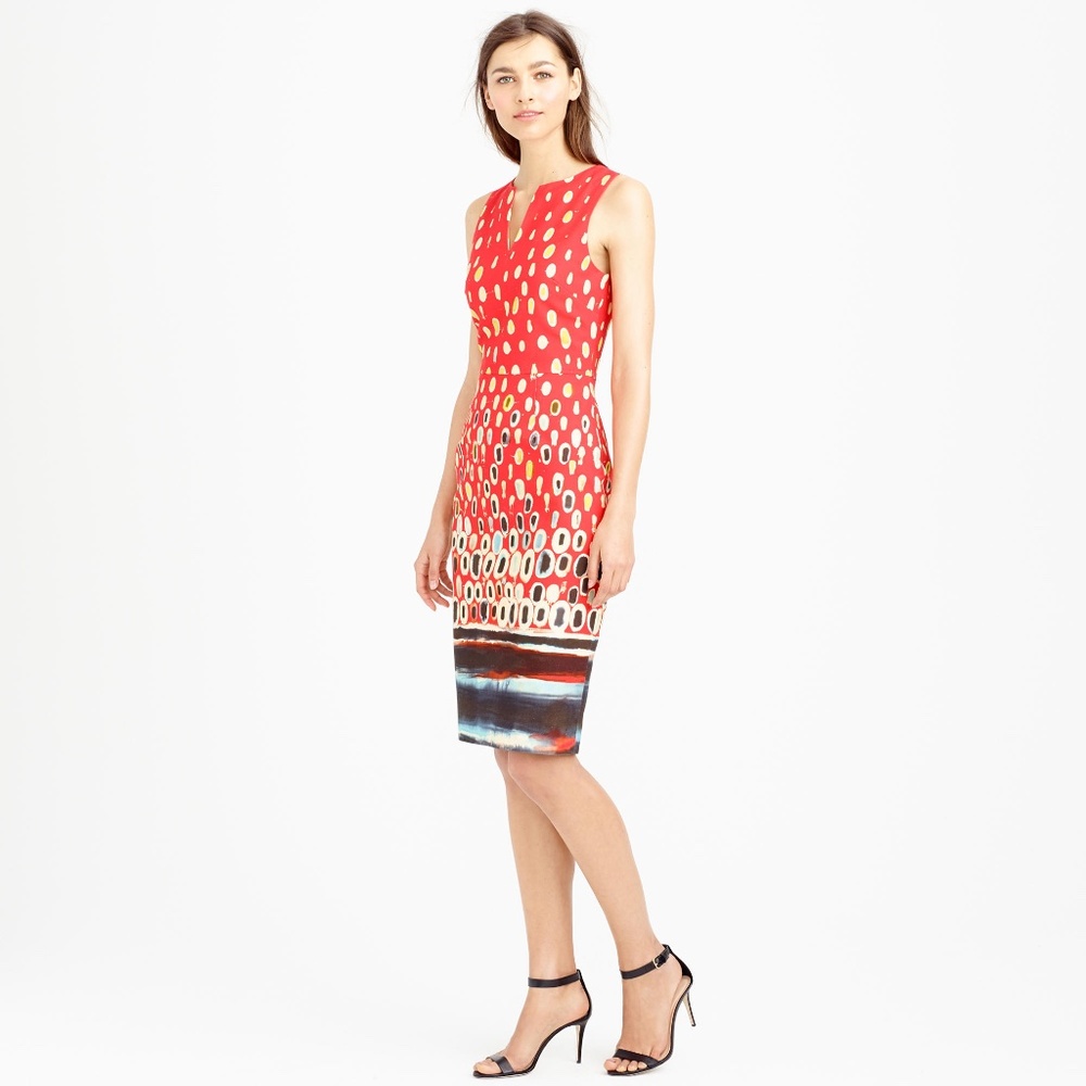 J. Crew Collection Red Watercolor Mosaic Sleeveless V-Neck Dress 8 NEW